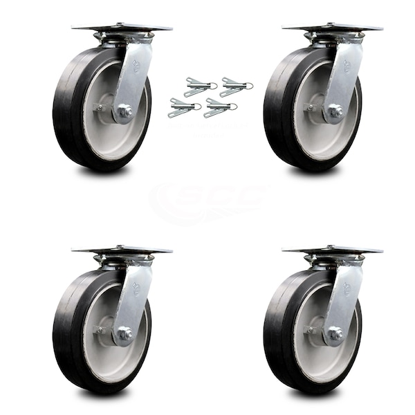 8 Inch Rubber on Aluminum Caster Set with Roller Bearings and Swivel Locks SCC
